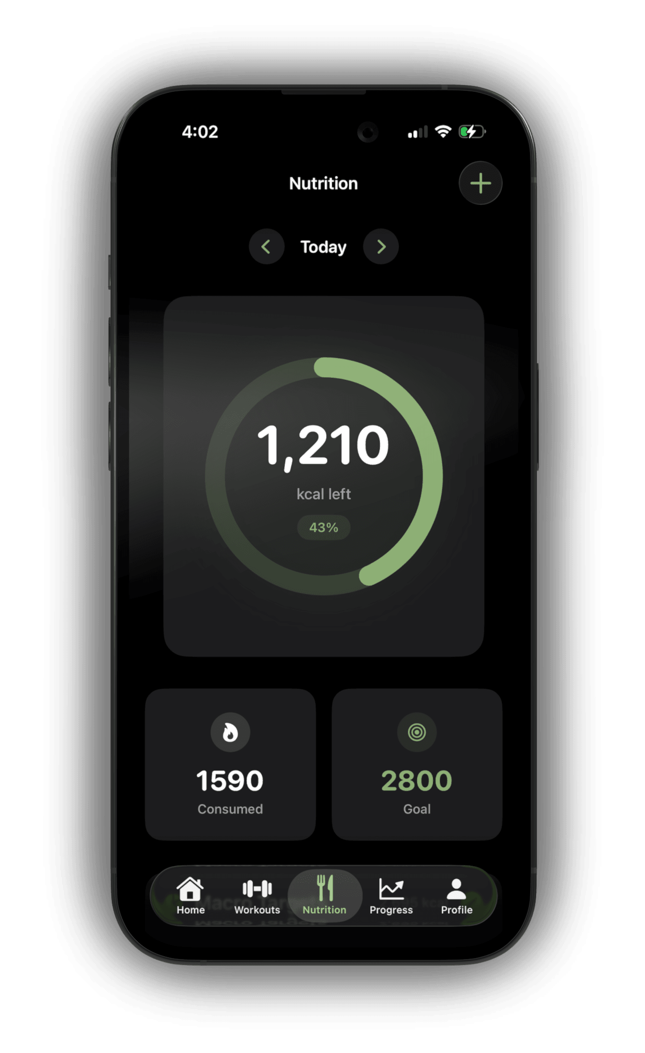 ALIGNMENT app nutrition screen showing calorie ring, consumed and goal tracking