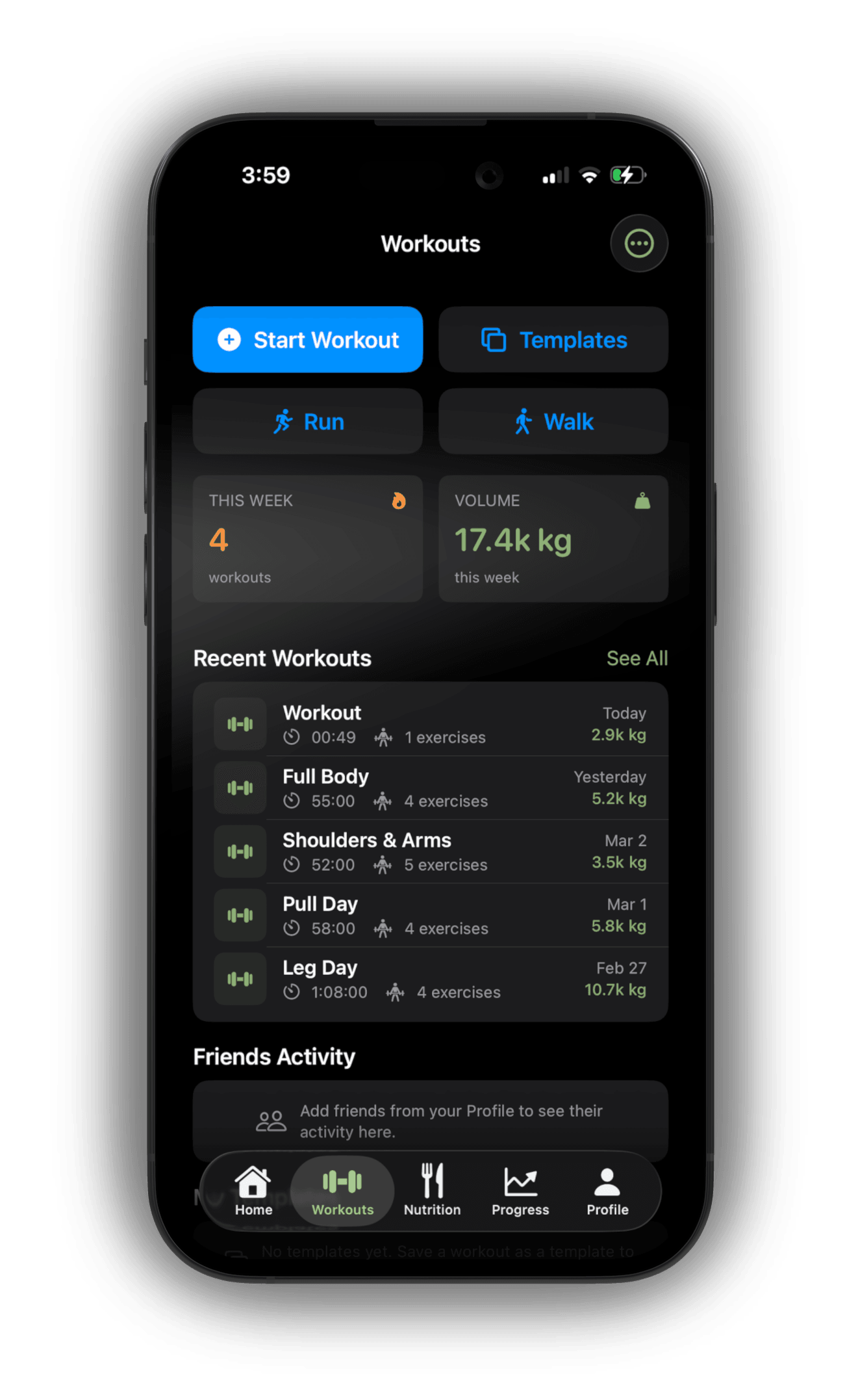 ALIGNMENT app workouts screen showing start workout, run, walk shortcuts and recent workout history